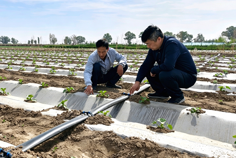 农技人员在蜜瓜基地查看河水滴灌设施运行状态.jpg